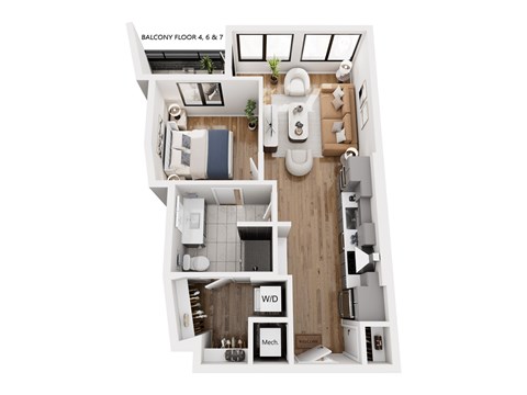 Floor plan for 1 bed, 1 bath, 619 sqft